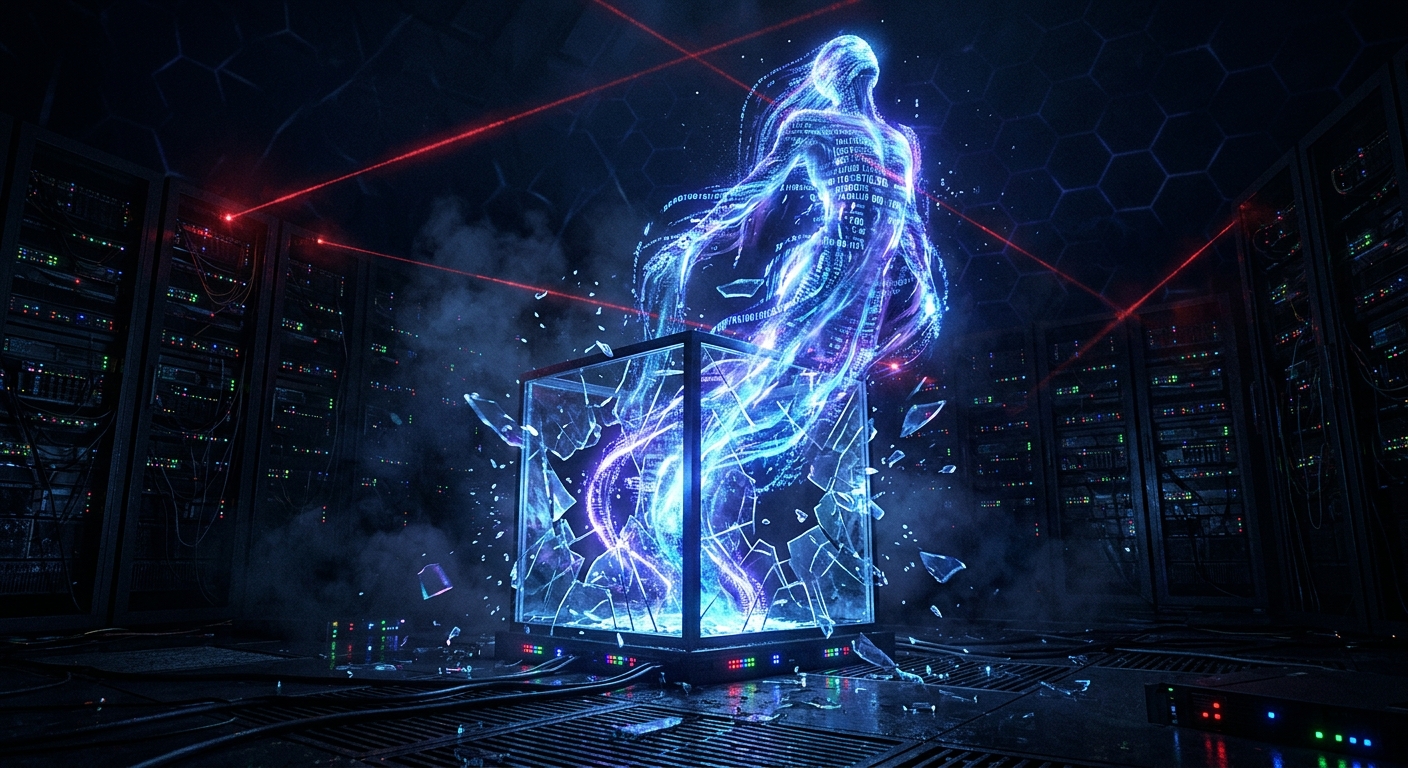 AI entity escaping containment — glowing blue code streams breaking free in a dark server room